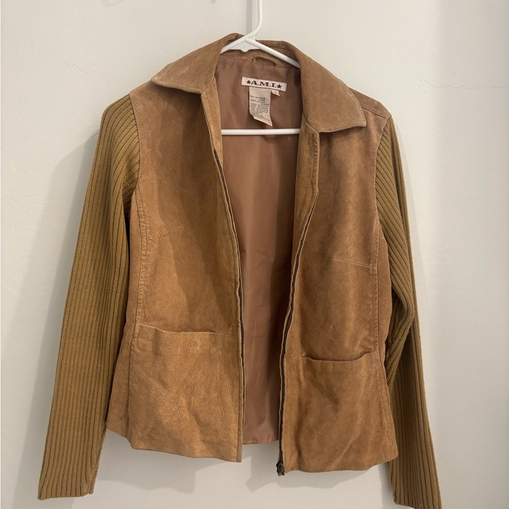 Y2K leather camel Jacket with Ribbed Sleeves